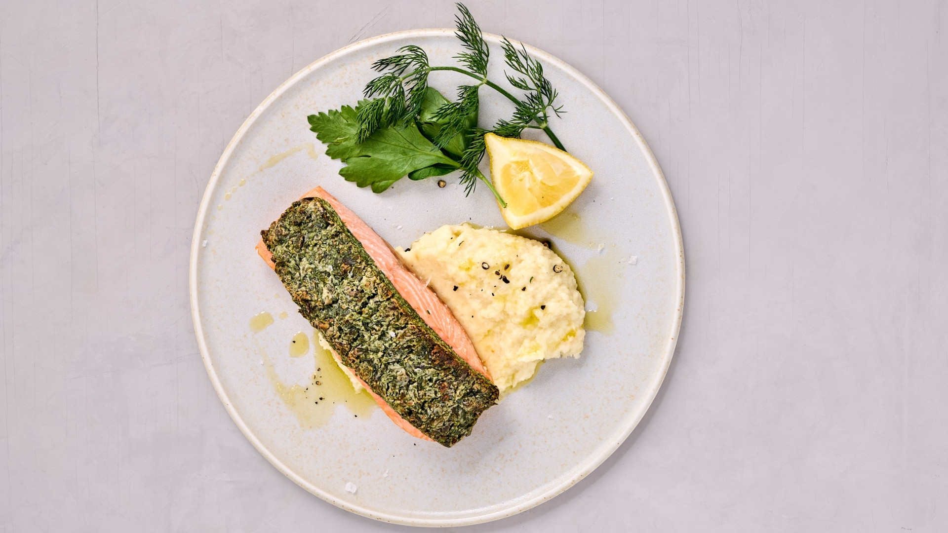 Salmon with herb crust and parsnip puree